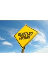 Image of a yellow signpost against a blue sky with clouds with the words - workplace culture written in black